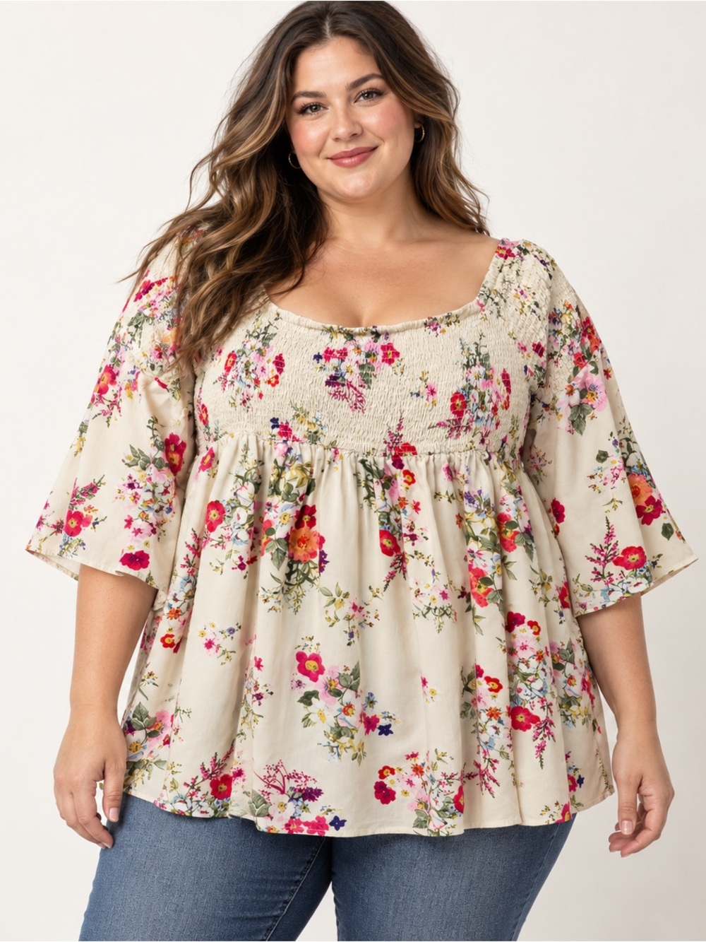 torrid Cream Floral Smocked Babydoll Top with Pink & Red Accents